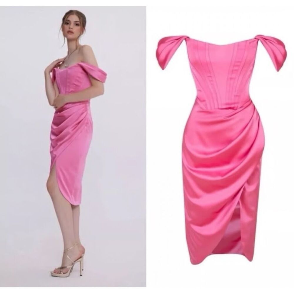 NWT Gigii’s Jasmine Corset Off Shoulder Satin Dress In Hot Pink Size Small